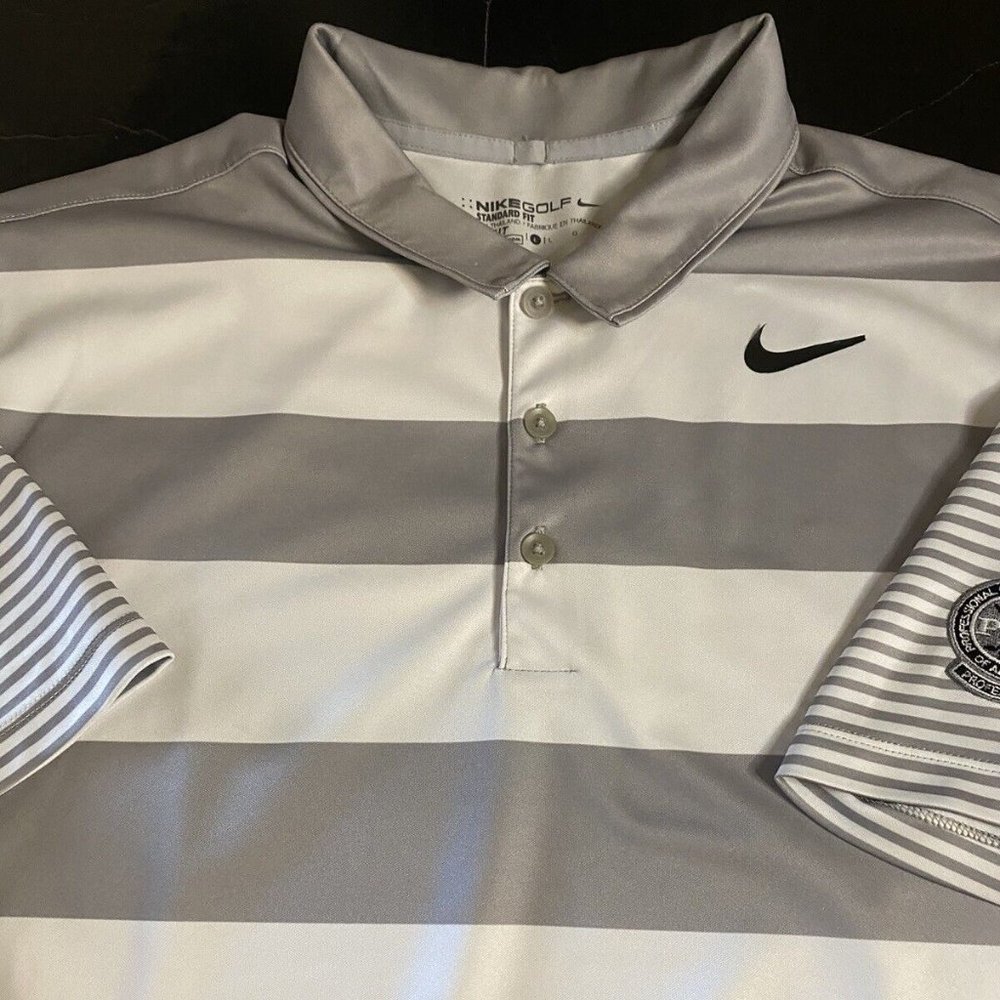NIKE PGA GOLF POLO GRAY & WHITE LARGE PGA PATCH b9-19
